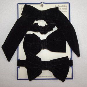 Velvet Bow Tie AND Ladies Hair Tie AND Dog Bow Tie Black 3 Piece Set Matching